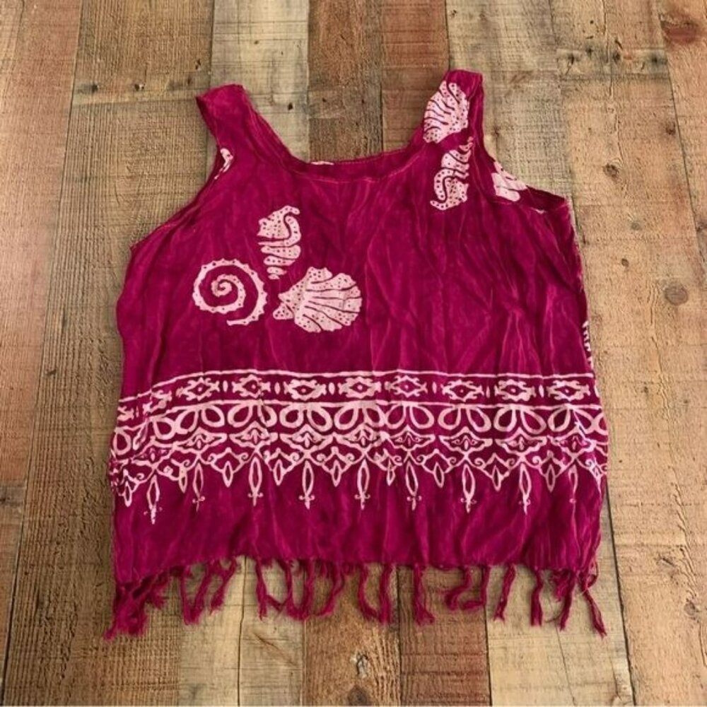 Ucho Bali lightweight Hawaiian print purple and white tank top with fringe